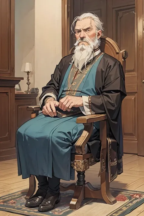 distinguished old noble lord sitting on a chair, bored, uninterested, slavic clothes, ((grizzled old man))