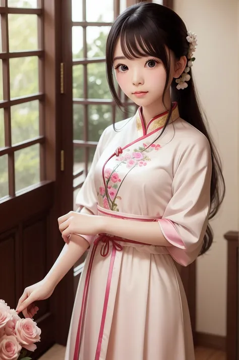 There is a cartoon  in a dress, China dress, Hanbok apron, chinese costume, traditional chinese costume, Close-up - view, Hanbok, wearing ancient chinese costume, with ancient chinese costume, palace, girl in hanfu, white hanfu, China dress, wearing pink f...