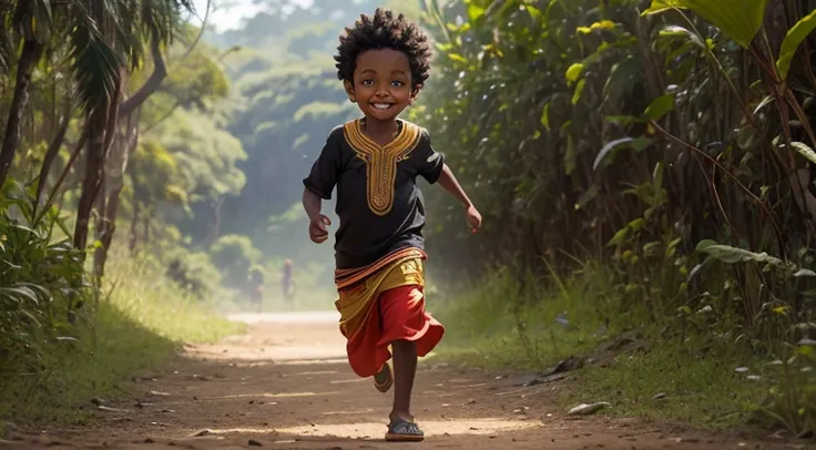 a boy in indian clothes, cor de pele preta, menino negro, indigenous boy, correndo na floresta, ele esta correndo na mata, sorri...