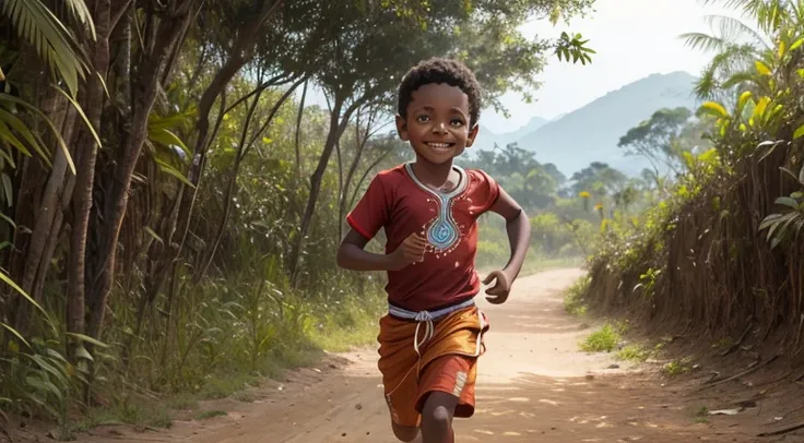 a boy in indian clothes, cor de pele preta, menino negro, indigenous boy, correndo na floresta, ele esta correndo na mata, sorri...