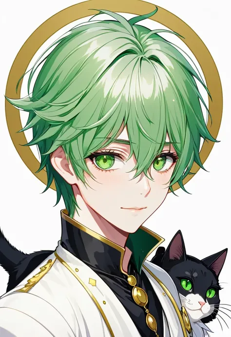 Masterpiece, ultra-detailed, Anime boy, smirk, long layered green hair, light white eyes:1.3 , white clothes, white prince outfit, one black cat in circle, simple yet elegant design, white background with gold border, vectorised and silhouetted, full-HD an...