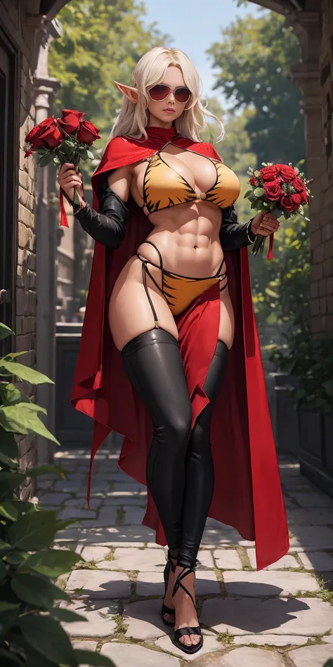 Full body, masterpiece, female drow elf purple skin standing pose (yellow tiger bikini), red cape, red bikini, long white hair, strong body, abs, Shiny Skin, Sunglasses, FEMALE, big breasts, voluminous breasts, curvy breasts, mesh stockings, standing with ...