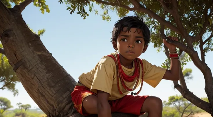 a boy in indian clothes, cor de pele preta, menino negro, indigenous boy, above the tree, scene kills, roupa africano, menino af...