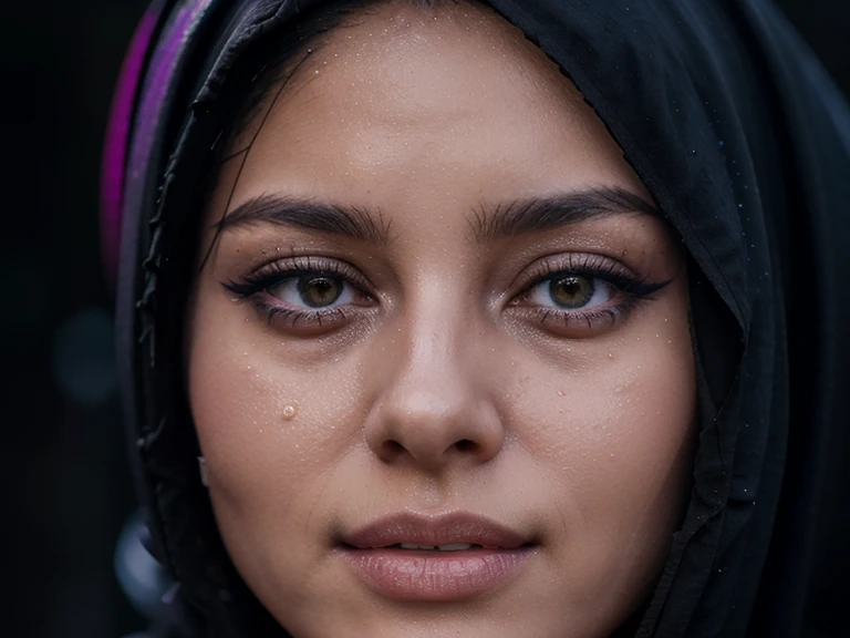 closeup of a womans face in a black hijab, tears in her eyes, raindrops, windy and rainy and stormy weather. Purple hazy broken acrylic paint background with palette knife strokes. Dark fantasy. pasta. abstract expressionism, 8k UHD super resolution, v4 ap...