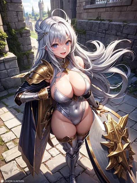 Woman knight、a beauty girl、huge tit、Excellent style、Nice Buddy、glamorous、leotard、s Armor、Bra chest armor、knee boots、gauntlets、hair adornments、silber hair、Longhaire、Ahoge、a medieval castle、is standing、full body seen、Outside the castle、natta、a smile、slightly...