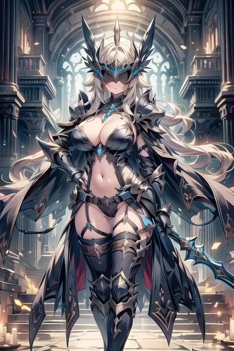 (masterpiece), best quality,1girl, breasts, solo, blonde-hair, ((helmet)), armor, see-through, navel, nipples, cross, gauntlets, ((long-hair) 1.2), parted-lips, ((huge-breasts)1.1), covered-nipples, ((covered-eyes)), large-breasts, necklace, revealing, clo...