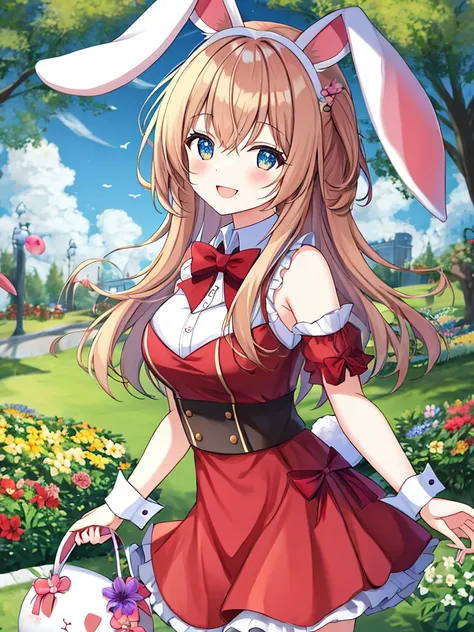 absurdres, highres,
BREAK
cute Rabbit girl enjoying Easter, easter eggs, ears of a rabbit, flower garden, (smile, happy:1.2)