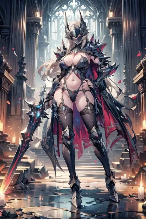 (masterpiece), best quality,1girl, breasts, solo, blonde-hair, ((helmet)), armor, see-through, navel, nipples, cross, gauntlets, ((long-hair) 1.2), parted-lips, ((huge-breasts)1.1), covered-nipples, ((covered-eyes)), large-breasts, necklace, revealing, clo...