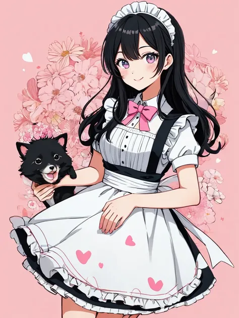 girl, 14yo, idolface, cute, floral maid, chase, 15 animals, enjoy, blackhair, blackeye, illustration, pastelcolor, doodle style, lightsmile, heart, pink background,