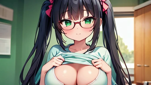 highest quality,wonderful,finely,extremely detailed CG unity 8k wallpaper,written boundary depth,1 girl, big breasts,(shirt lift:1.3), black hair, glasses, green eyes,twin tails,full body, highest quality,Super detailed,unity 8k wallpaper,game CG,