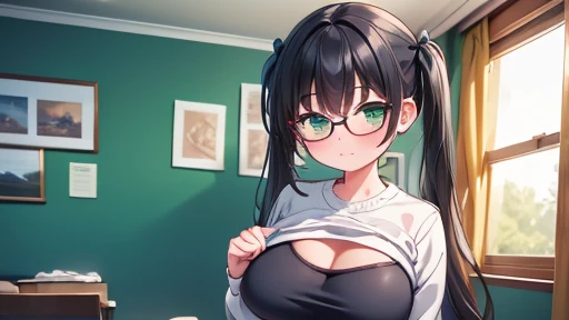 　highest quality,wonderful,finely,extremely detailed CG unity 8k wallpaper,written boundary depth,1 girl, big breasts,(clothes lift:1.3), black hair, glasses, green eyes,twin tails,full body, highest quality,Super detailed,unity 8k wallpaper,game CG,