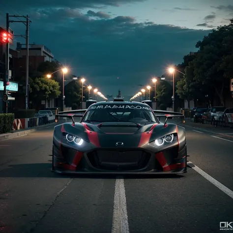 Crea un auto deportivo Mazda Rx vision GT 3 con defectos de humos, en una ciudad hermosa futurista, vista de un dron, Industrial design with lighting, ultra realistic neon lights, la mejor calidad, 4k