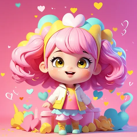 female 3D animation that looks fun, wears informal clothes in pink, white and yellow. The background is a pastel wallpaper with hearts decoration.