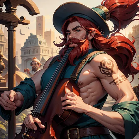 A dwarf bard, carrying a cello, short, large hat with feathers, red hair, giant mustache, tobacco in mouth, tattoos on arms, bushy eyebrows