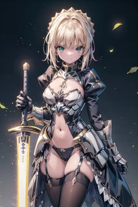 Artoria Pendragon (saber),Yellow theme，holdingsword，armor，exposing your navel，SakuraNS，Promotional poster style，((D cup))，exposing your navel，Sexy one-piece stockings，Happy look，Fleshy thighs
