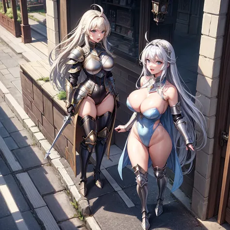 Woman knight、a beauty girl、huge tit、Excellent style、Nice Buddy、glamorous、leotard、s Armor、Shoulder rest armor、Bra chest armor、knee boots、gauntlets、hair adornments、silber hair、Longhaire、Ahoge、is standing、full body seen 、Medieval city、Walking、slightly open mo...