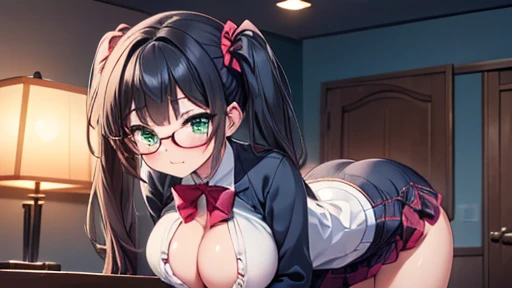 　highest quality,wonderful,finely,extremely detailed CG unity 8k wallpaper,written boundary depth,1 girl, big breasts,(pasties:1.3), (leaning forward), black hair, glasses, green eyes,twin tails,full body, highest quality,Super detailed,unity 8k wallpaper,...