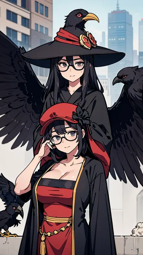 (masterpiece, Best Illustration,) middle Ages, beak mask, black robe, city background, doctor, masked, one person, Clear, fine motor, Wearing a hat with a brim, Glasses, able&#39;Can&#39;t see eyes, hand stops crow,big breasts