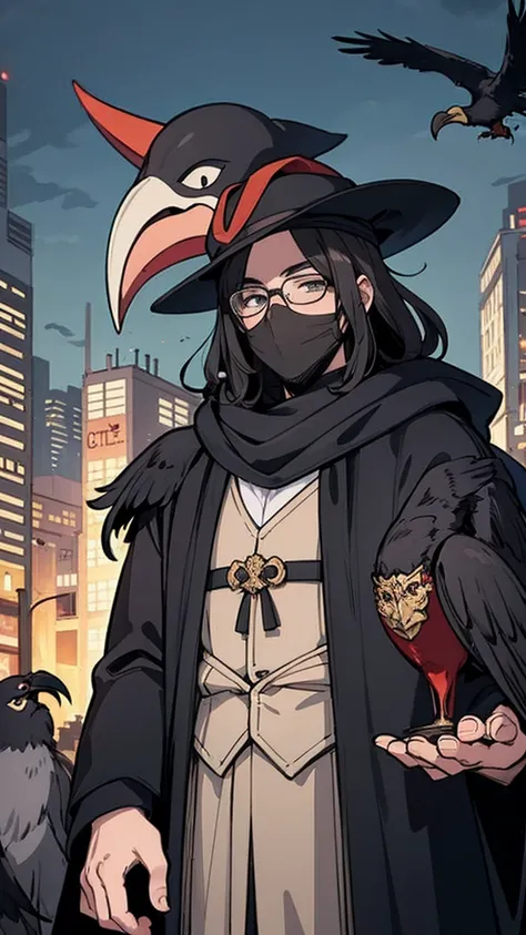 (masterpiece, Best Illustration,) middle Ages, beak mask, black robe, city background, doctor, masked, one person, Clear, fine motor, Wearing a hat with a brim, Glasses, able&#39;Can&#39;t see eyes, hand stops crow