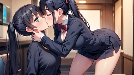 　highest quality,wonderful,finely,extremely detailed CG unity 8k wallpaper,written boundary depth,1 girl, big breasts,(kiss:1.3), (leaning forward), black hair, glasses, green eyes,twin tails,full body, highest quality,Super detailed,unity 8k wallpaper,gam...