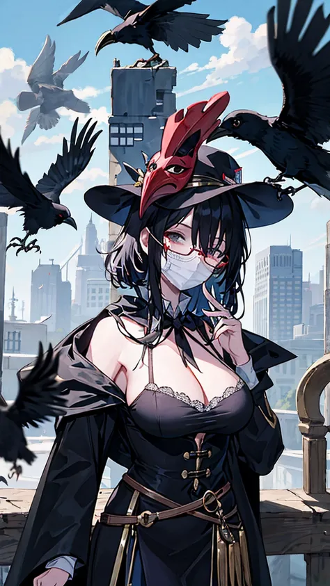 (masterpiece, Best Illustration,) middle Ages, beak mask, black robe, city background, doctor, masked, one person, Clear, fine motor, Wearing a hat with a brim, Glasses, able&#39;Can&#39;t see eyes, hand stops crow,big breasts