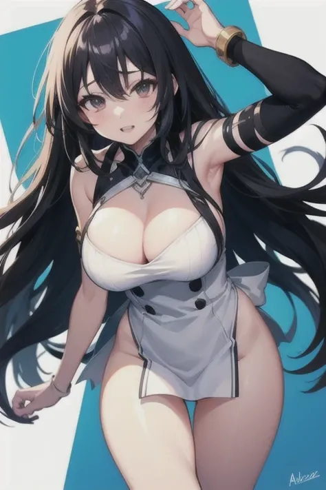 Anime character (big) in white apron and black hair, Azur Line style, fleet series style, Pixiv 3DCG, Ahegao, Cushart Krenz, anime Moe Art Style, from Azur Route video game, biomechanics oppai, highest ranked on Pixiv, best quality, 8k HD, thigh gap, half ...