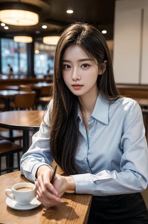 table top, highest quality, realistic, Super detailed, finely, High resolution, 8k wallpaper, 1 beautiful woman,In casual business attire, at the cafe, messy hair, perfect dynamic composition, finelyて美しい目、(((超highest quality, masterpiece))), (((very detail...