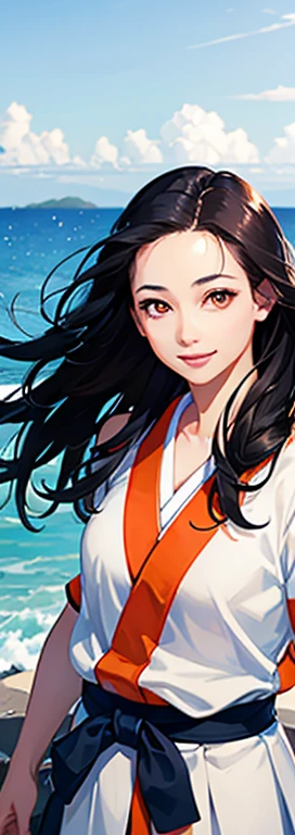 highest quality、realistic、Highest image quality、Japan、girl、Rin々work、long hair、black hair、Ocean、orange eyes、smile、exposed forehead、all back