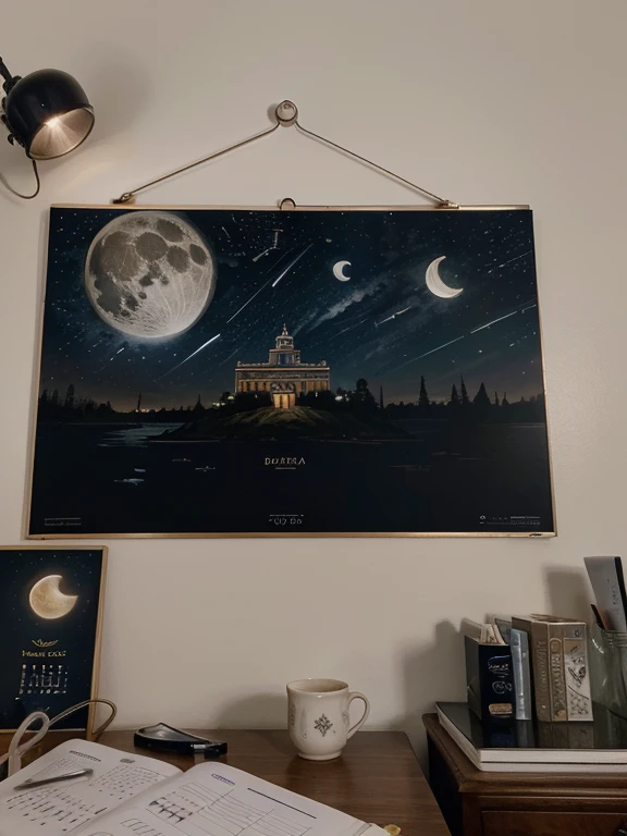 Uma imagem com um hospital de fundo meio fosco, some doctor and painter accessories scattered in the lower corner of the image, com um tempo meio escuro, a moon and stars in the dark sky, a small clock and one-week calendar on the left side 