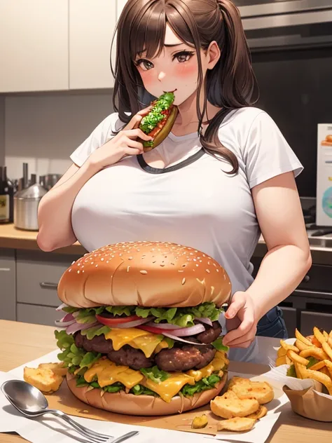 make that brownhaired girl bigger and fatter than 100kg while she eat some burgers