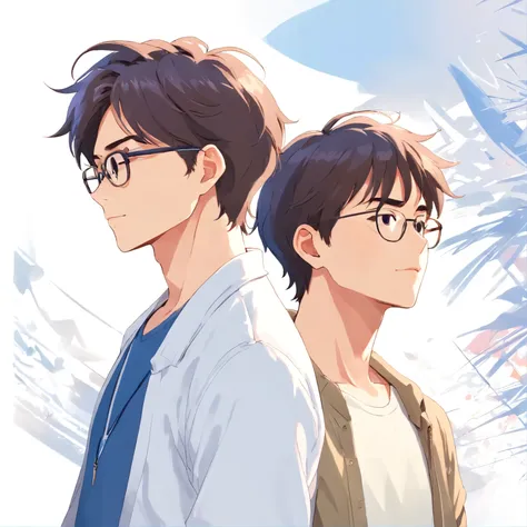 (((white background:1.5)))、(((masterpiece))),(best quality)、Two gay men in their 30s、casual clothes, profile,Glasses