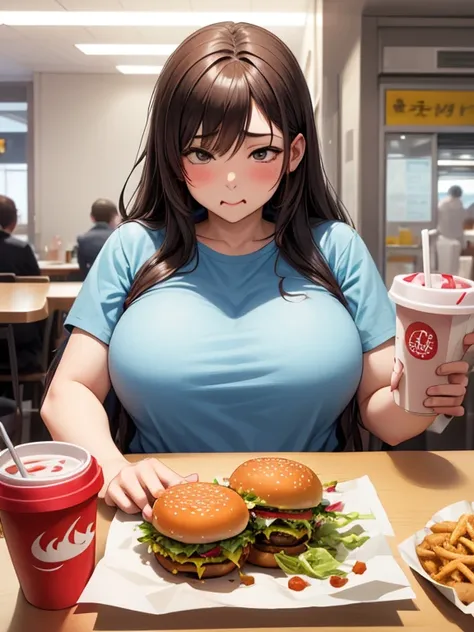 make that brownhaired girl fatter than 130kg while she eat more fastfood