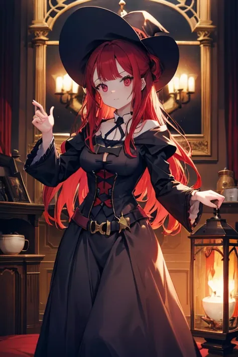 a red haired female witch with red eyes with an hourglass figure in a victorian dress is summoning a familiar