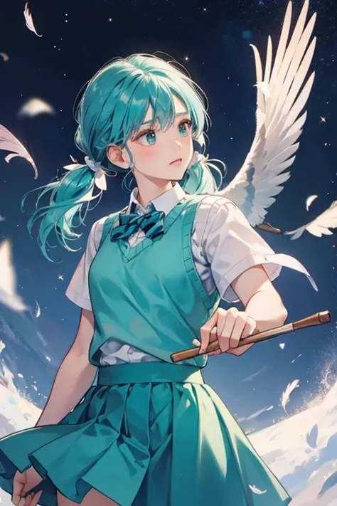 June has white feathers tied into two short pigtails, and a light teal bow on top of her head. She wears a light teal rolled-up long-sleeved shirt with a medium teal sweater vest, and a dark teal skirt. PARKLE; GLITTER
