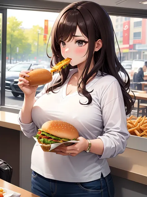 Make brownhaired girl fatter. Like 170 kg. While she eating more fastfood.