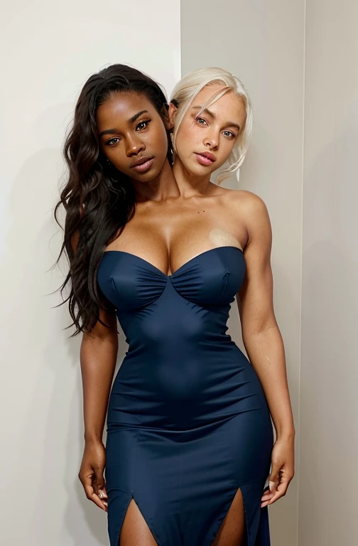 30-year-old dark skinned Nigerian woman named Biena and, her pale white Swedish lover with white hair named Estella, rival colonial politicians, (hugging each other tight, squishing their bodies together, slow dancing, hanging in her arms, flowing together...