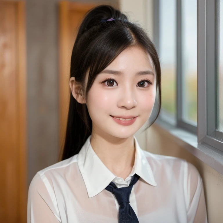 (kawaii 24 year-old Japanese girl, Nogizaka idol, Korean idol), (glossy black hair, high ponytail, center ponytail, single ponytail,  forehead:1.3), (rounded face, single eyelid, no makeup, soft smiling:1.2), (wearing collared shirt, necktie:1.3), (well sh...