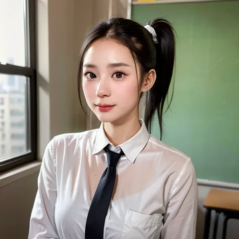 (kawaii 24 year-old Japanese girl, Nogizaka idol, Korean idol), (glossy black hair, high ponytail, center ponytail, single ponytail,  forehead:1.3), (rounded face, single eyelid, no makeup, soft smiling:1.2), (wearing collared shirt, necktie:1.3), (well sh...