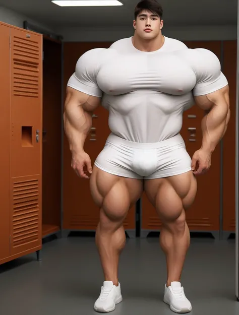 1boy, giant, model shoot style, looking at viewer, standing, dim light, outdoor, strong body, standing, quite locker room, white underwear, brutalmass