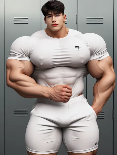 1boy, giant, model shoot style, looking at viewer, standing, dim light, outdoor, strong body, standing, quite locker room, white underwear, brutalmass