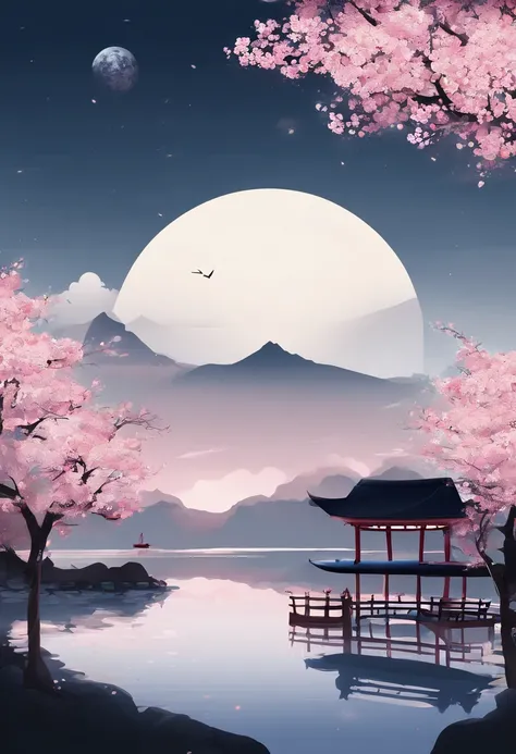 Cherry blossoms at night、A shining sphere like the moon floating on the lake、Perfect sphere、Early Spring，(((Sakura NS)))，national style，Ink Wind，Close-up，landscape，don&#39;t be characterized，don&#39;t be characterized