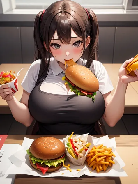 make brownhaired girl like to eat more fastfood and make her fat in 200 kg while she eating 