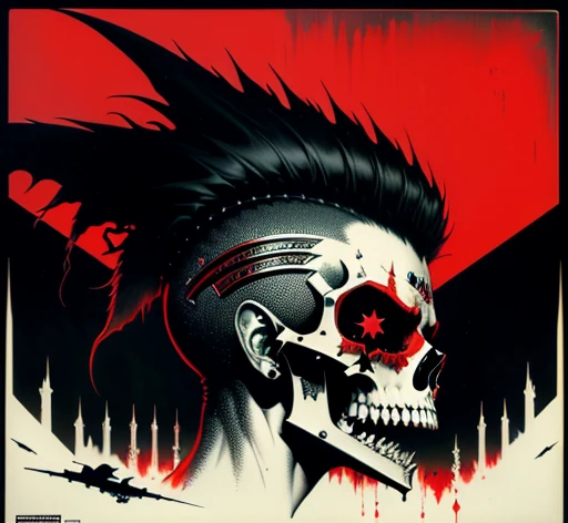 masterpiece, ultra detailed, best quality, uhd, 4k, 8k, scull, mohawk, open mouth, fangs, neck, shoulders, side view, "EXPLOITED" is written on top, "LETS START A WAR..." is on bottom,   illustration, red and black color palette, simple black background, e...