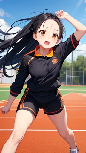 highest quality、realistic、Japanese、girl、whole body、look at the camera、cute、orange eyes、long hair、black hair、all back、Forehead is coming out、sports meeting、playground、Gym suit、sprinting