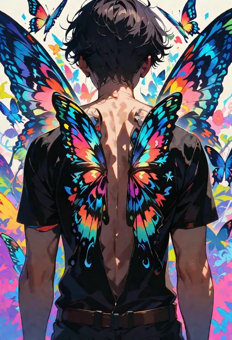 Colorful butterfly wings grow out of boy&#39;s back，masterpiece，extremely high quality，