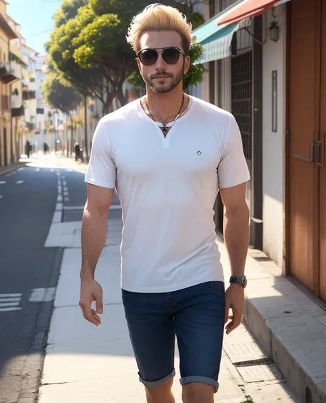 Um homem de 25 anos, cabelos dourados, terno branco, oculos de sol, passeando na rua, (8k), (altamente detalhado), (melhor qualidade).