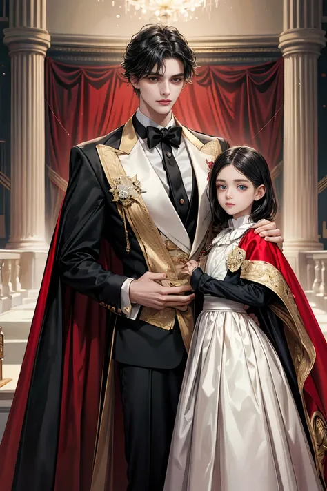 
masterpiece, 最high quality, high quality, 1 boy, alone, male focus, looking at the viewer, whole body, Winning spirit_destiny, messy black hair, blue adorable big eyes, white people, Noble, Noble, Noble的な吸血鬼、An elegant tuxedo,A very large, very tall stand...