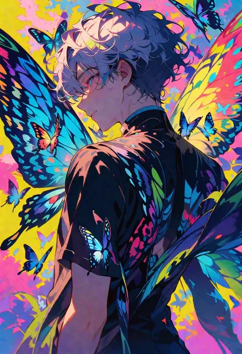 Colorful butterfly wings grow out of boy&#39;s back，masterpiece，extremely high quality，The wings take up most of the picture.，Boy is sideways，Dreamy colors