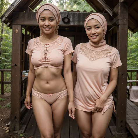 A 52 years old Indonesian woman in peach color hijab, wearing peach color lace tight t-shirt, wearing peach color lace panties, darker skin, curvier body, short body, smiling and standing in the old wooden cabin in a forest, look to the viewer with eye clo...