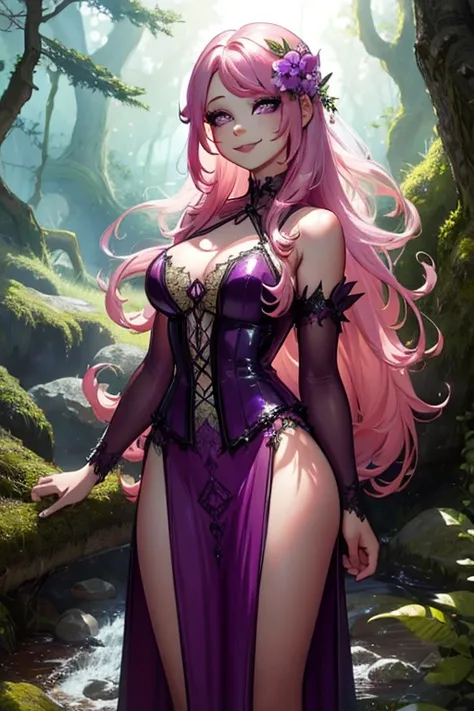 a pink haired female fariry with violet eyes with an hourglass figure wearing a gothic fairy dress in an enchanted forest is pos...